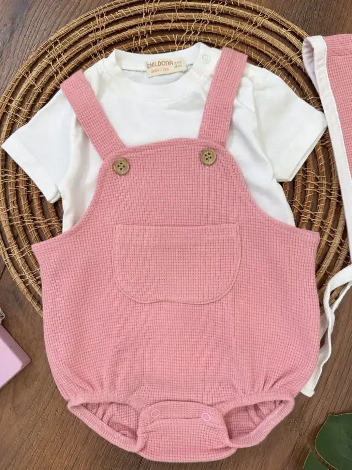 Çıçıtlı Zıbın ve Body Şapkalı Pamuklu Cepli 3lü Günlük Kız Çocuk Salopet Tulum