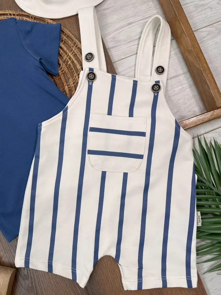 3lü Şapkalı Omuzdan Çıtçıtlı Şeritli Salopet Erkek Bebek Takım