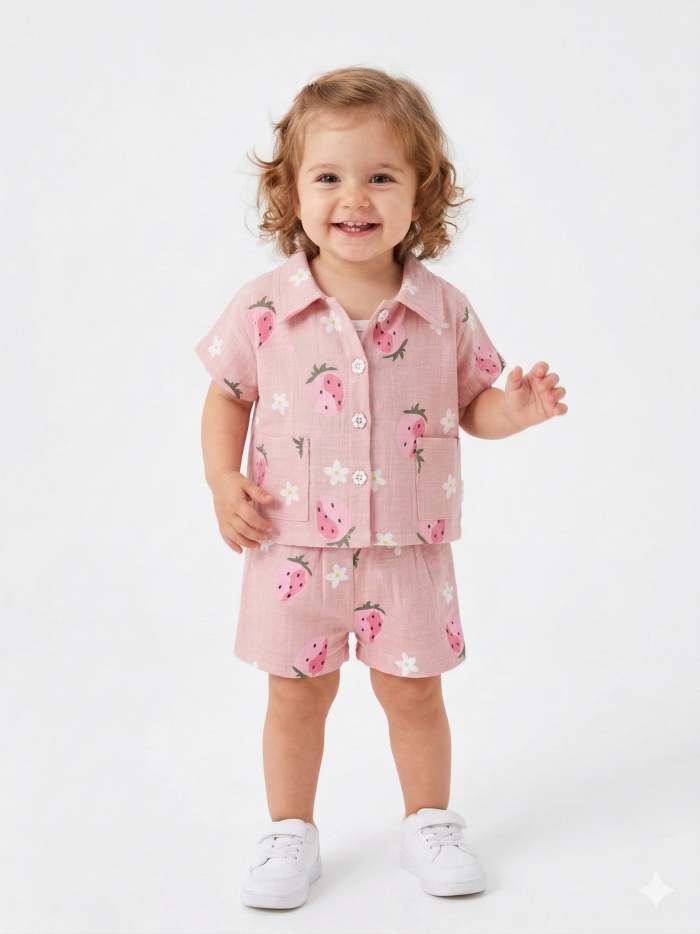 Pamuklu Çilek Desenli Müslin 3lü Kız Bebek Takım