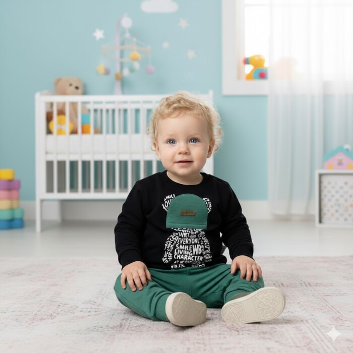 Pamuklu  Ayıcık Detaylı 2li Erkek Bebek Takım