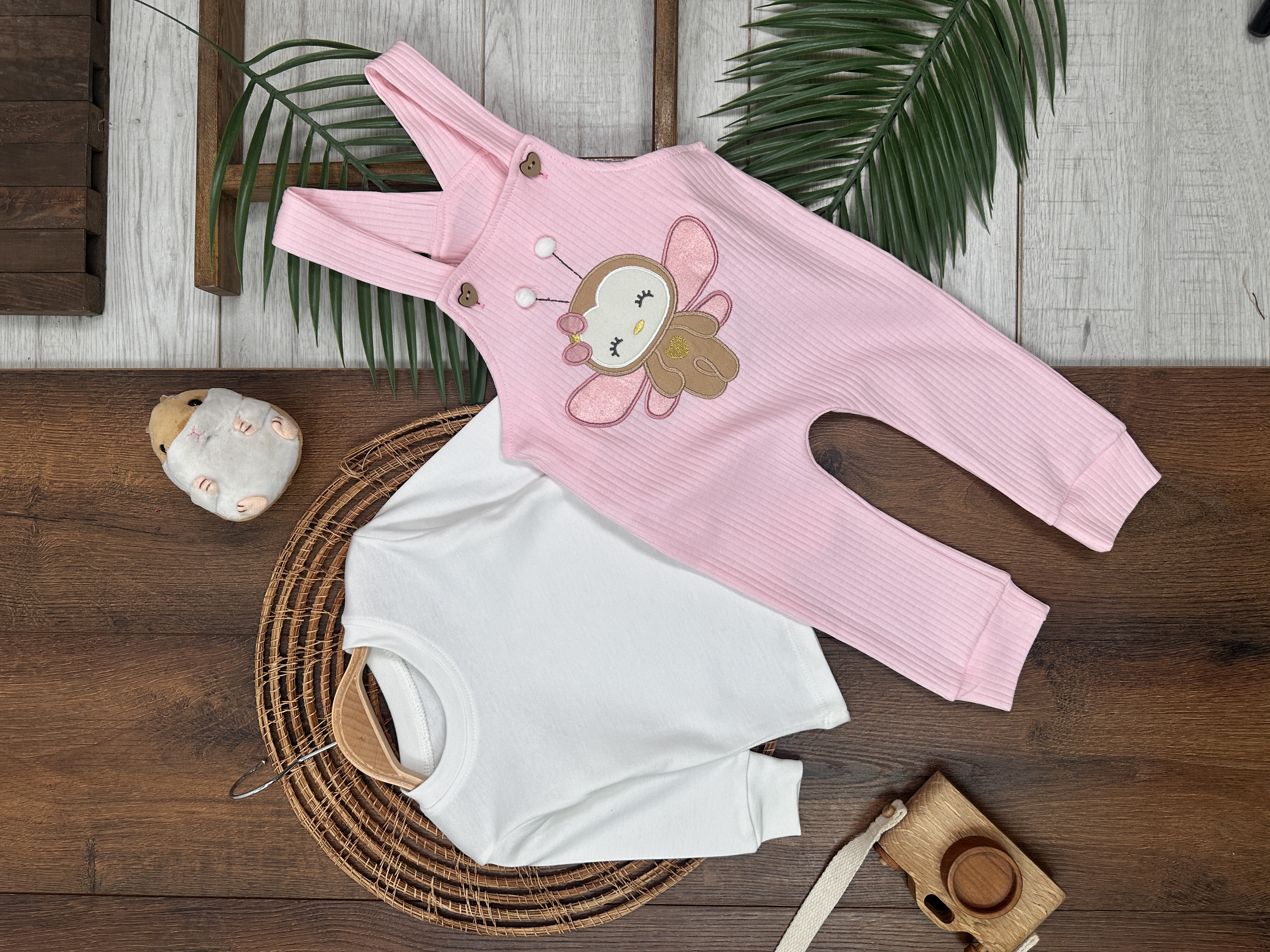Toz Pembe Renk Kız Bebek & Çocuk Pamuklu 2 Parça Tulum