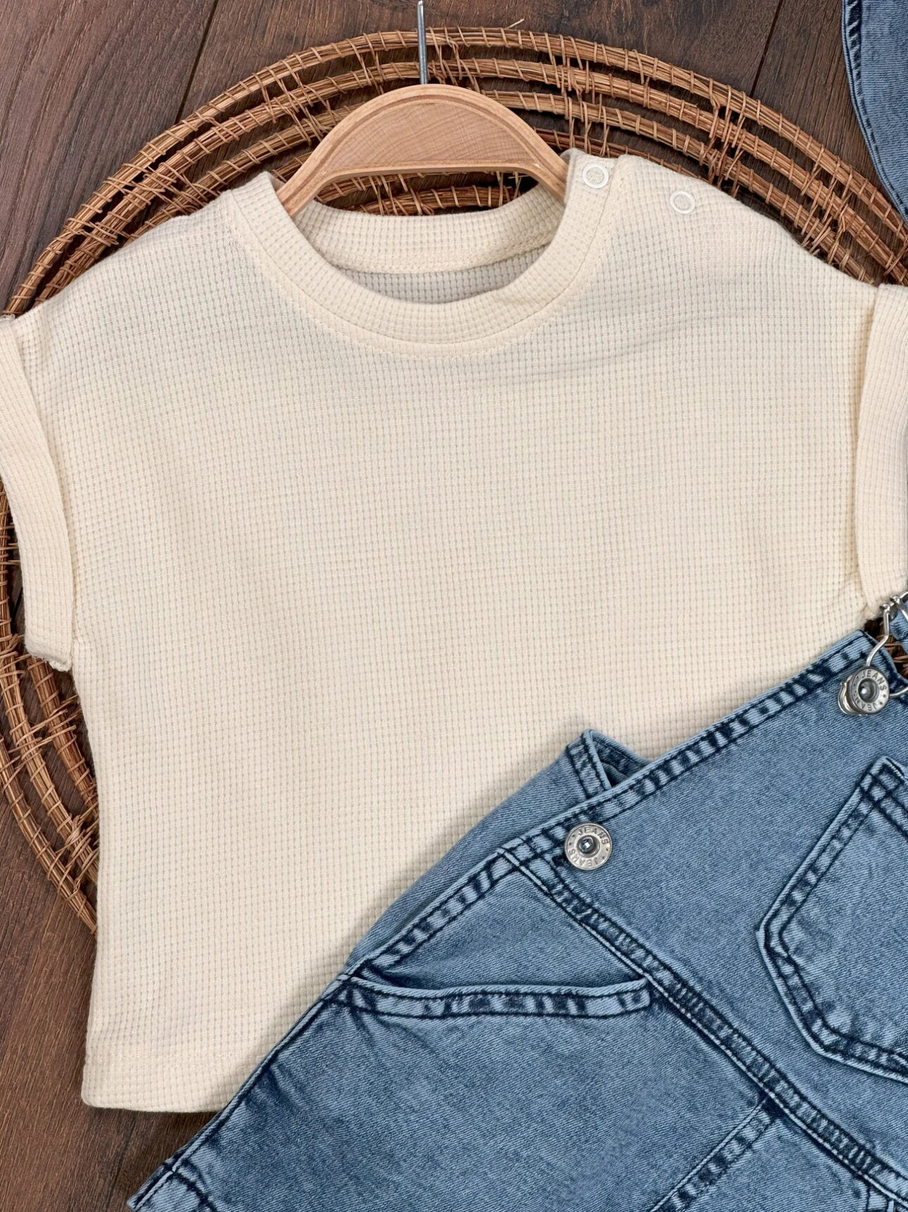 Yazlık Pamuklu Denim Tulumlu Şapkalı Erkek Bebek 3lu Takım