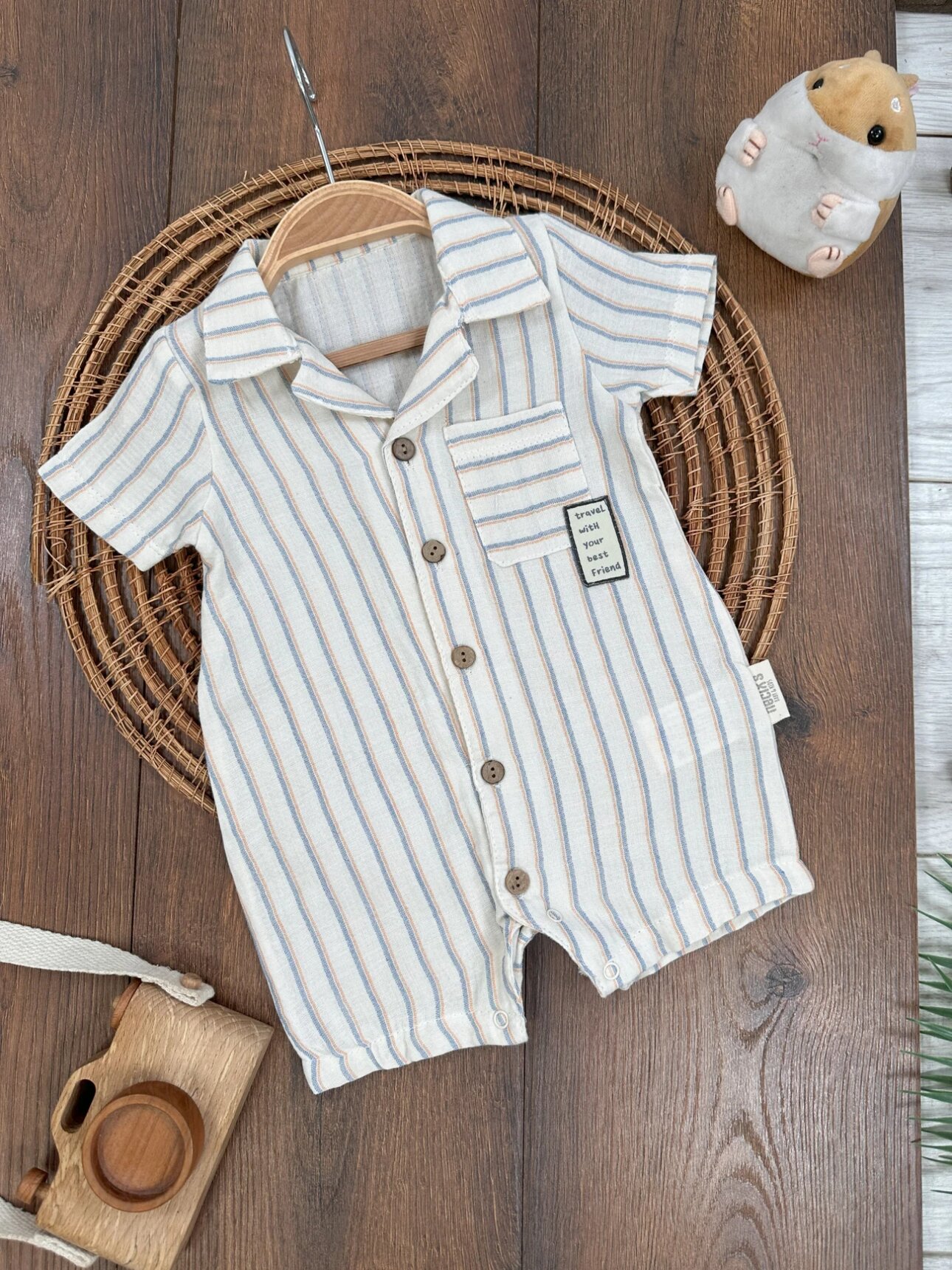 Safari Stil Çizgili Düğmeli Bebek Şortlu Tulum