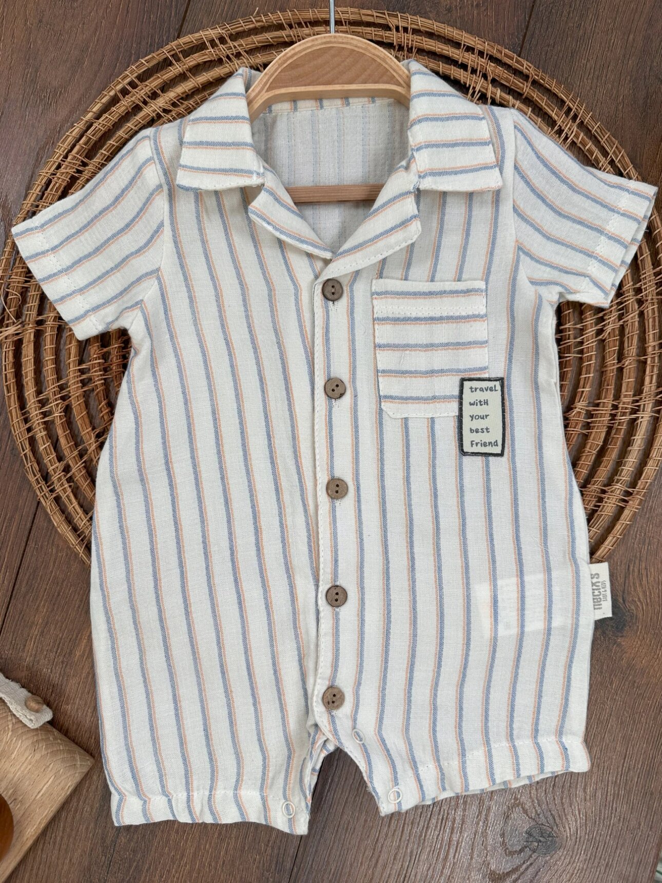Safari Stil Çizgili Düğmeli Bebek Şortlu Tulum