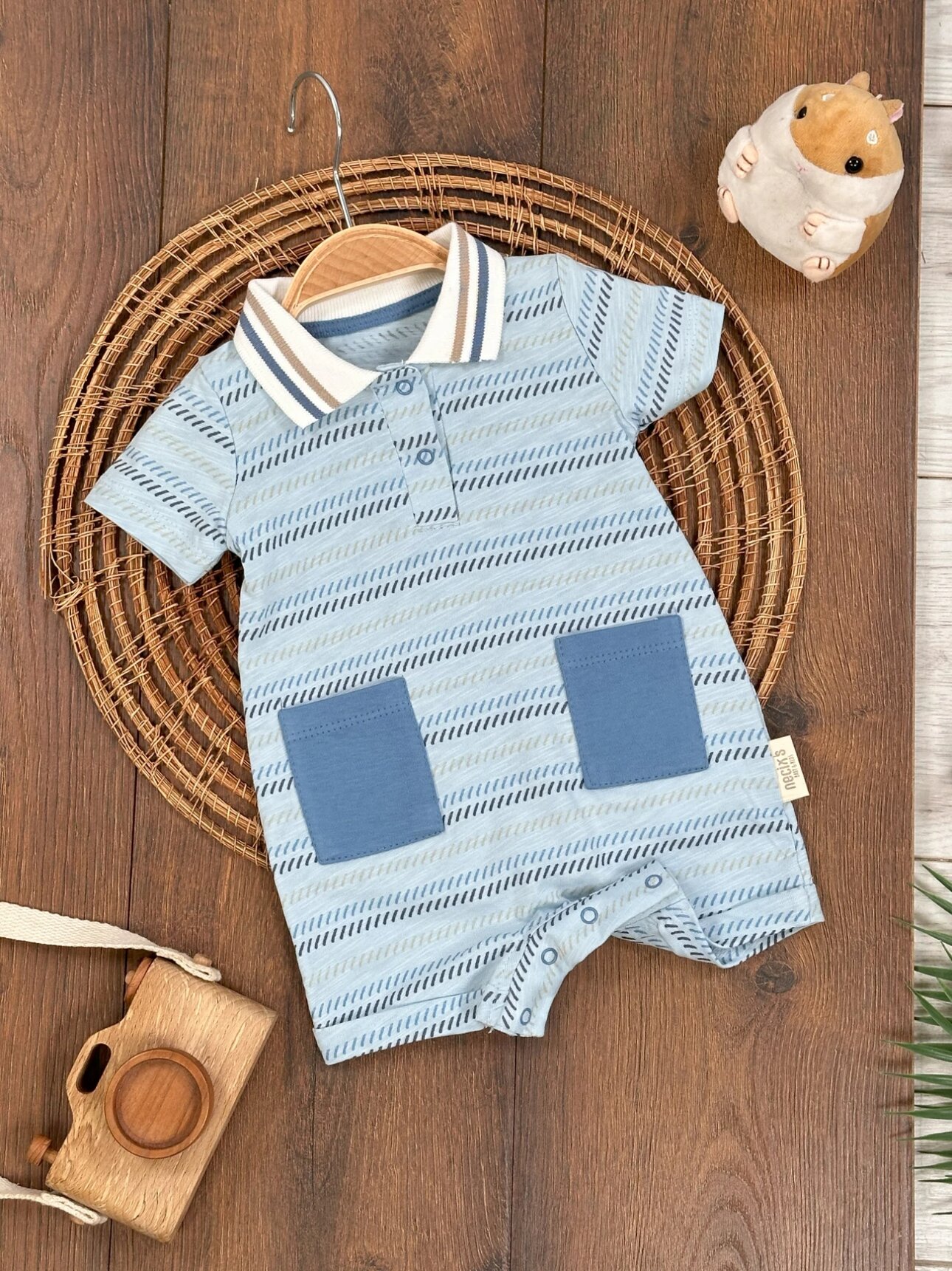 Yüksek Kalite Pamuk Kumaş Yazlık Pamuklu Çizgili Polo Yaka Erkek Bebek Tulum