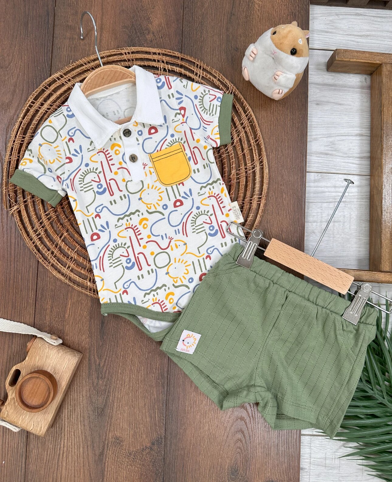 Yazlık Pamuklu Hayvan Desenli Polo Yaka Erkek Bebek 2li Takım