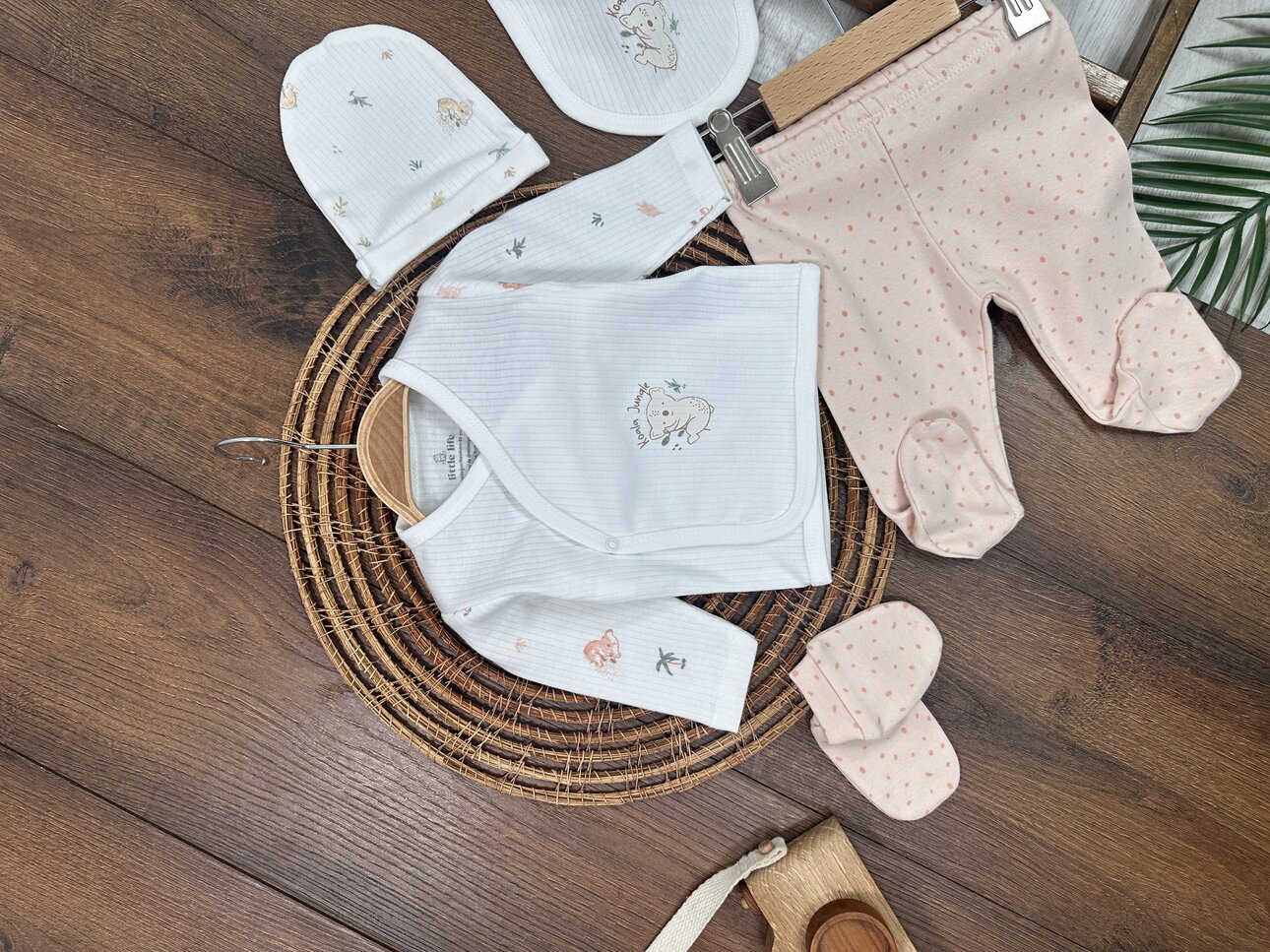 Pamuklu Organik Hayvan Desenli Kız Bebek 5li Hastane Çıkış Seti