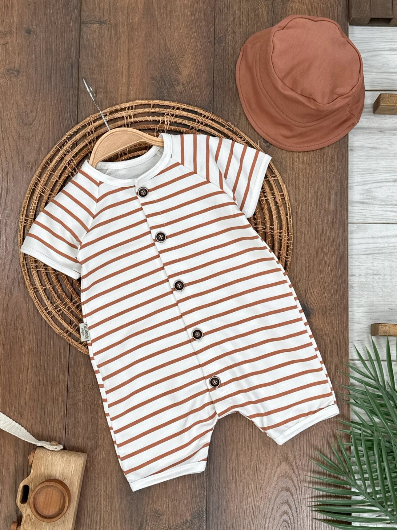 Pamuklu Çizgili Şapkalı Erkek Bebek 3lü Takım