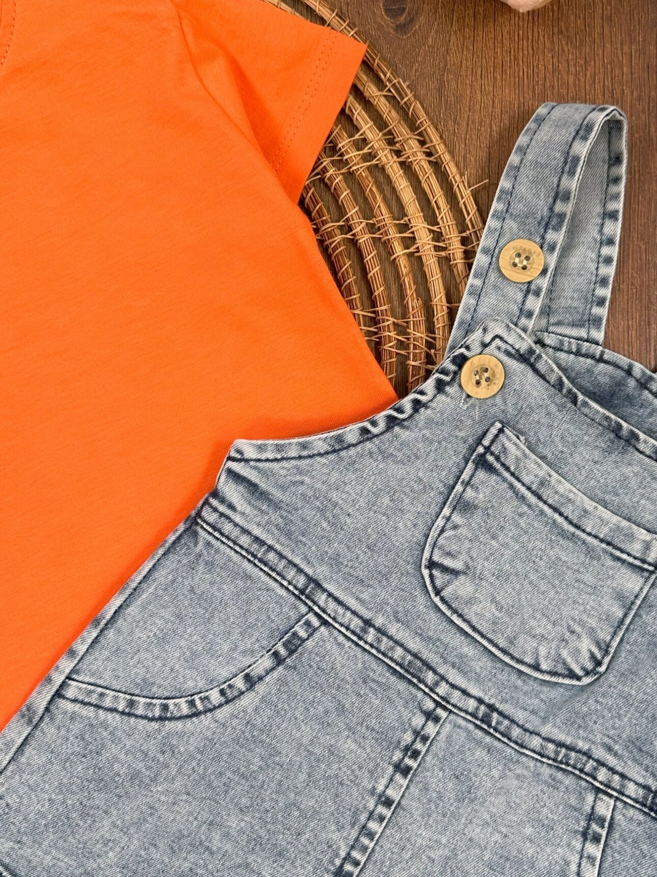 Pamuklu Kısa Kollu Turuncu Tişört Denim Askılı 2li Erkek Çocuk Takım