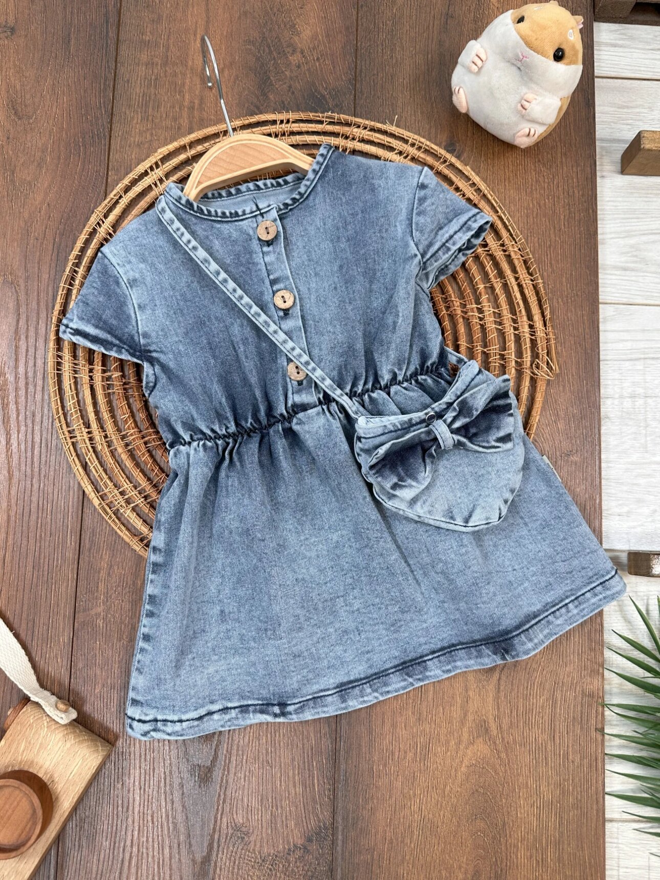 Denim Kumaş Düğme Detaylı Kaliteli 2 Parça Kız Çocuk Elbise