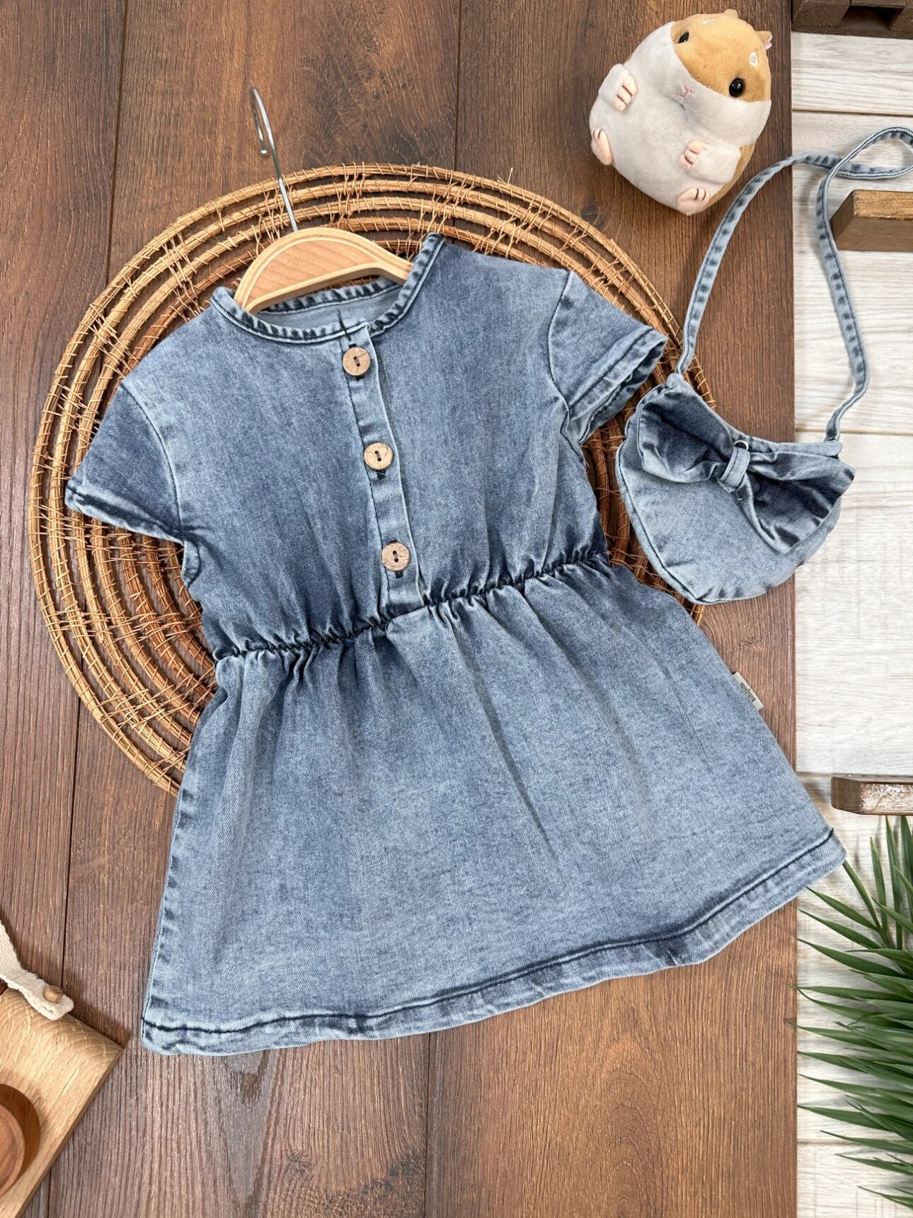 Denim Kumaş Düğme Detaylı Kaliteli 2 Parça Kız Çocuk Elbise