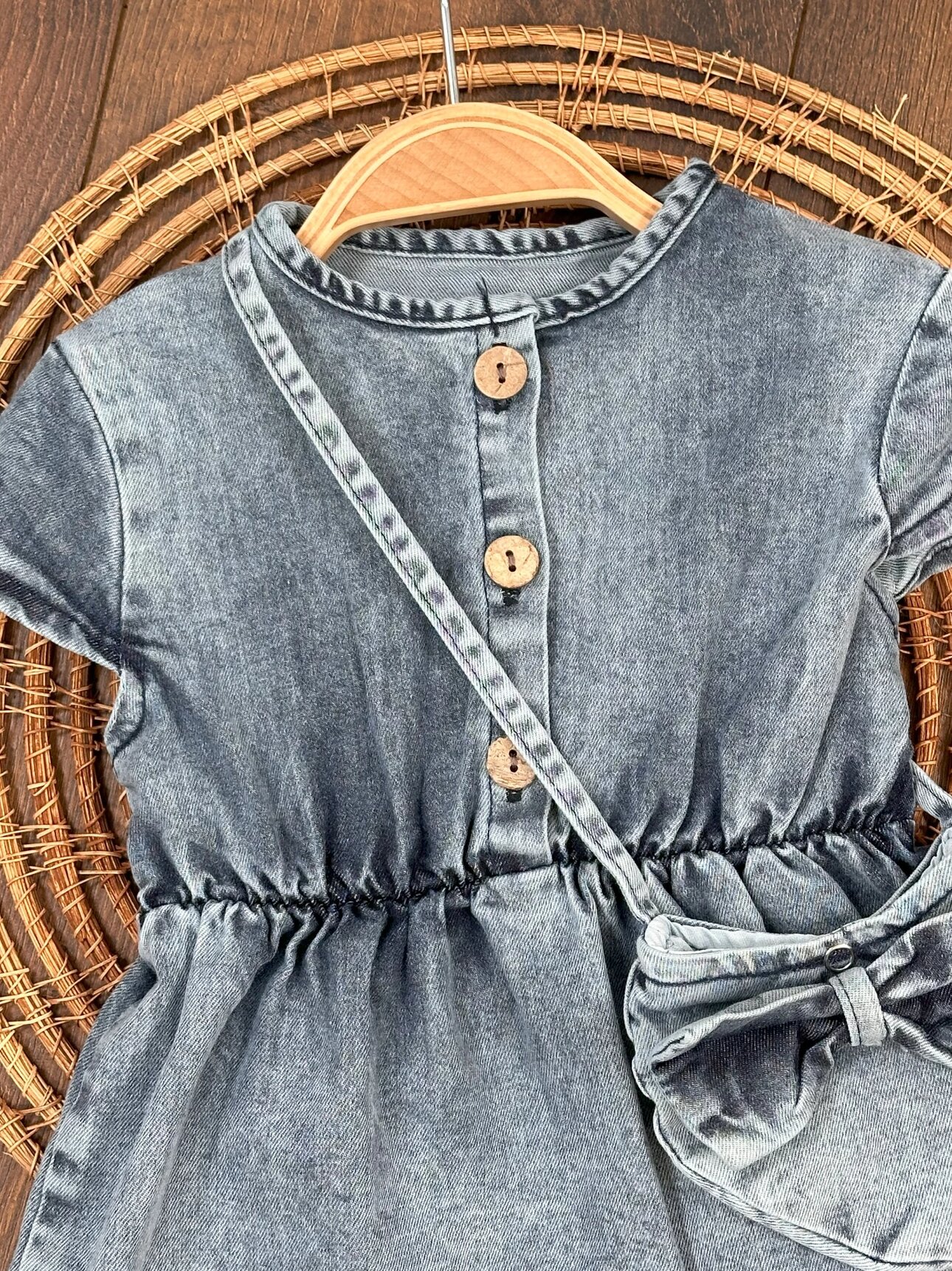 Denim Kumaş Düğme Detaylı Kaliteli 2 Parça Kız Çocuk Elbise