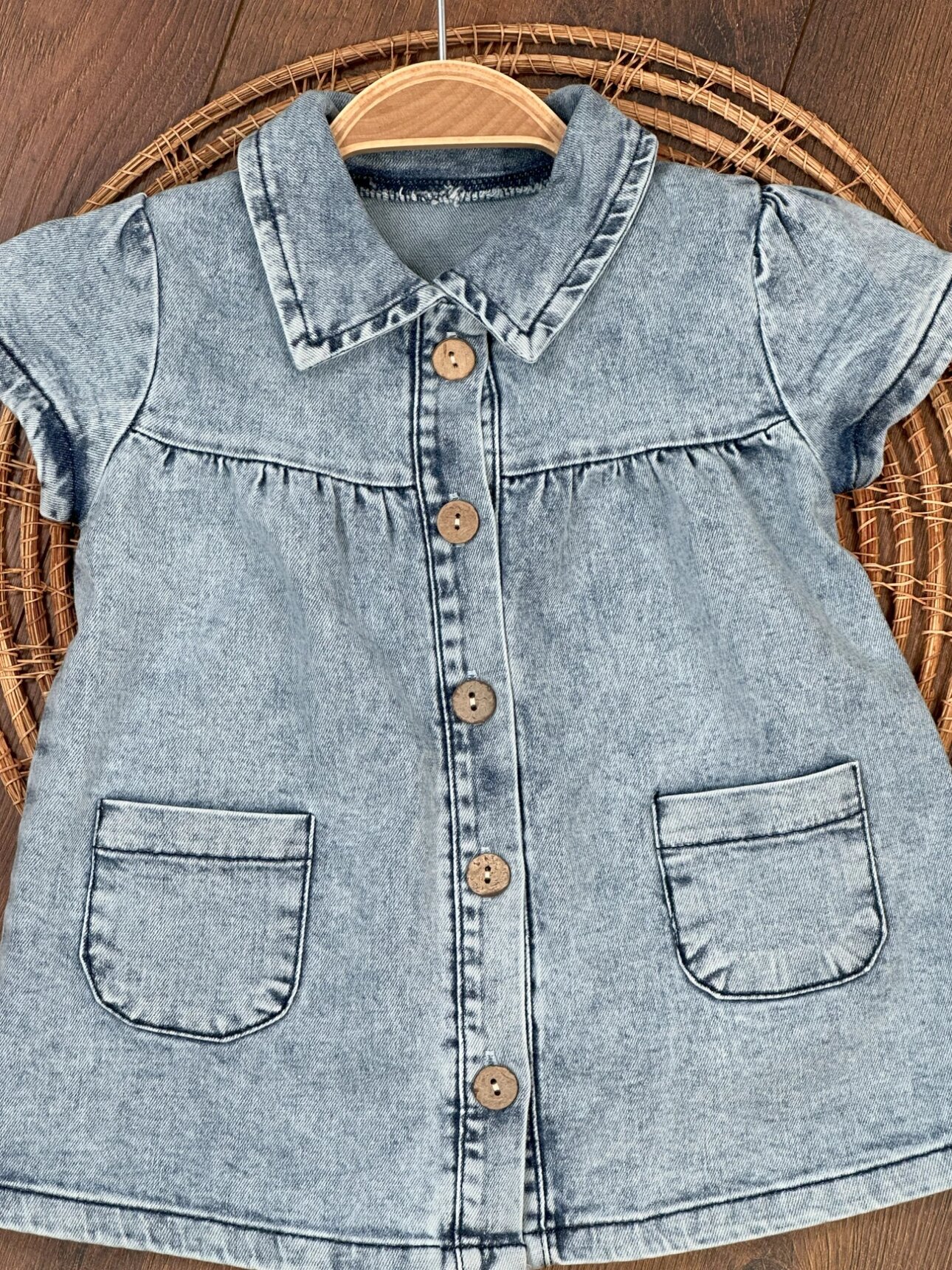 Kot Kumaş Düğmeli Kaliteli Kız Bebek Elbise