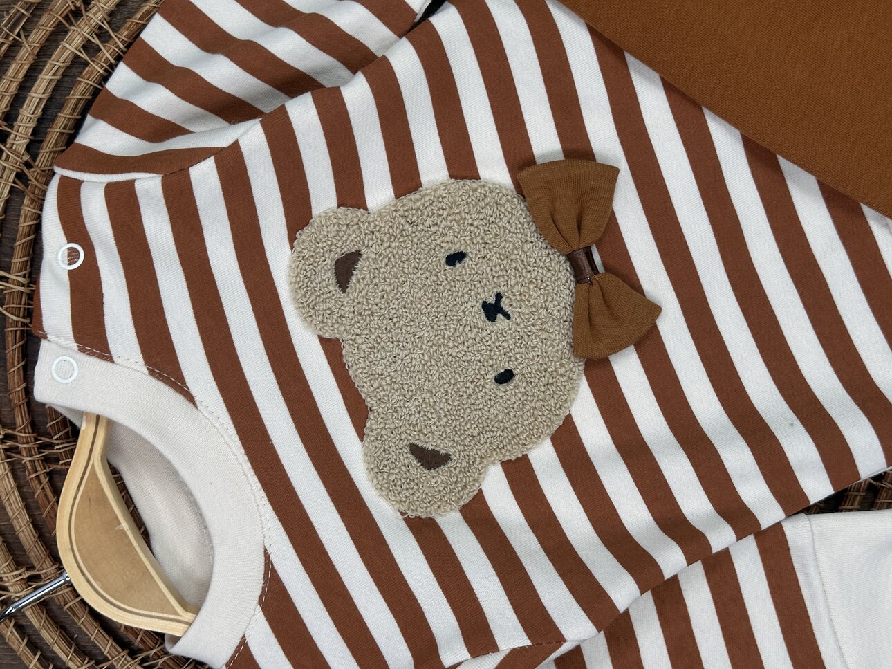Pamuklu Çizgili Ayıcık Desenli 2li Unisex Bebek Takım