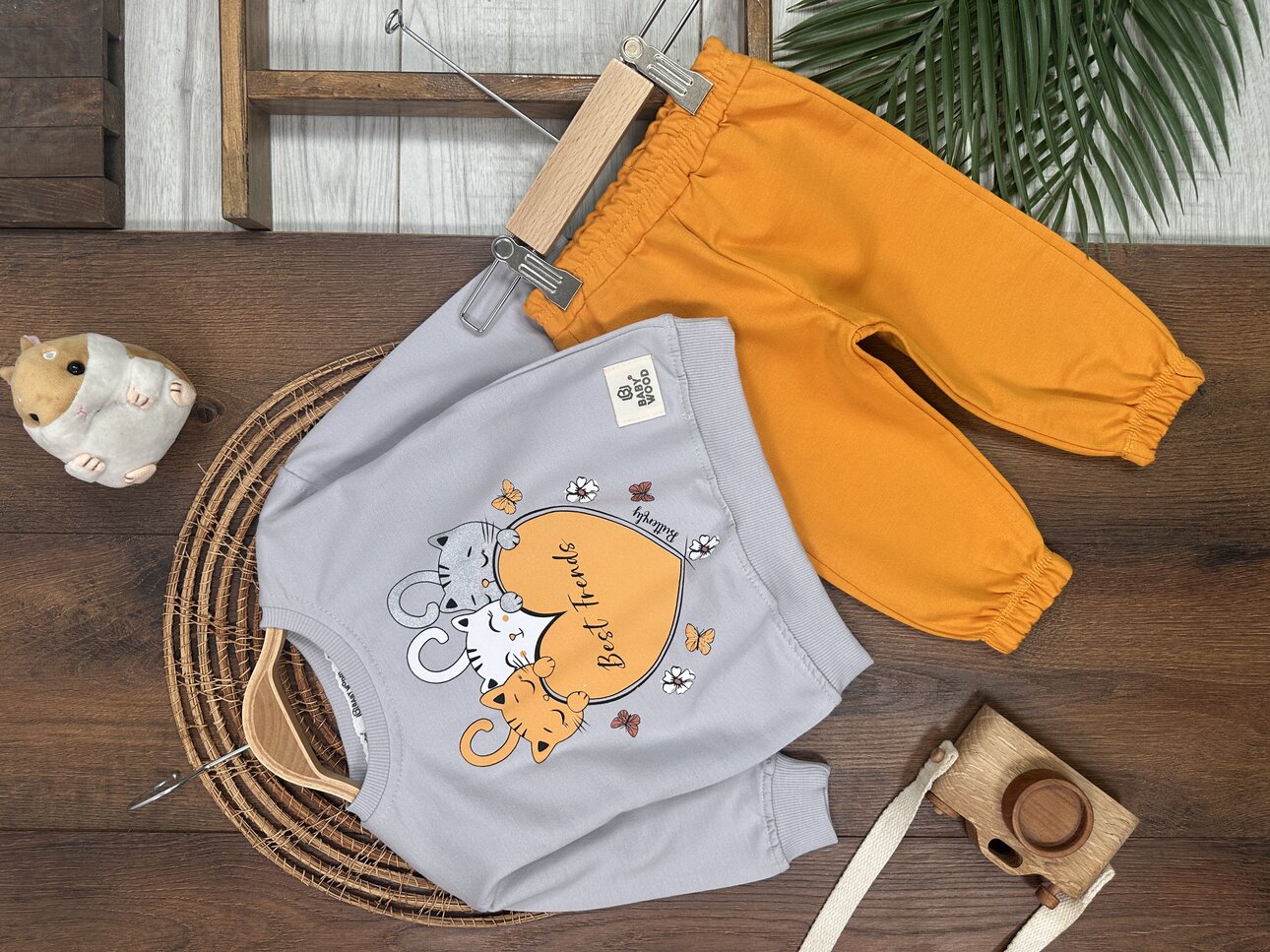 Pamuklu Mevsimlik Kedicik Detaylı  2li Kız Bebek Takım