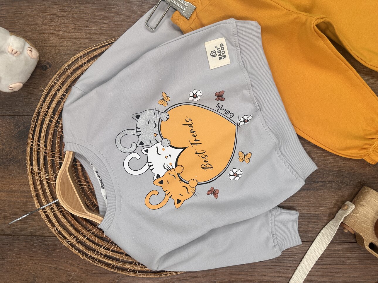 Pamuklu Mevsimlik Kedicik Detaylı  2li Kız Bebek Takım