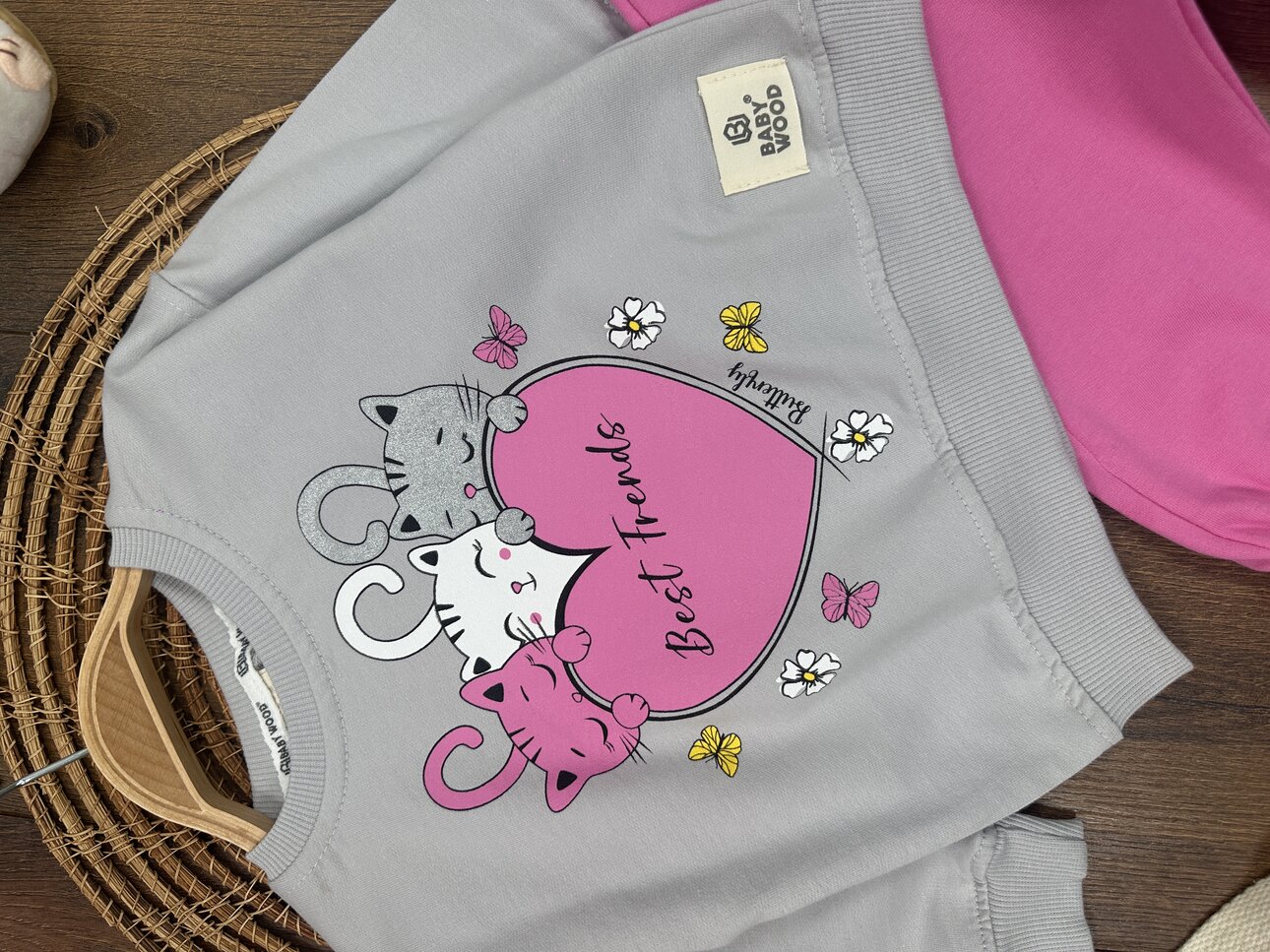 Pamuklu Mevsimlik Kedicik Detaylı  2li Kız Bebek Takım