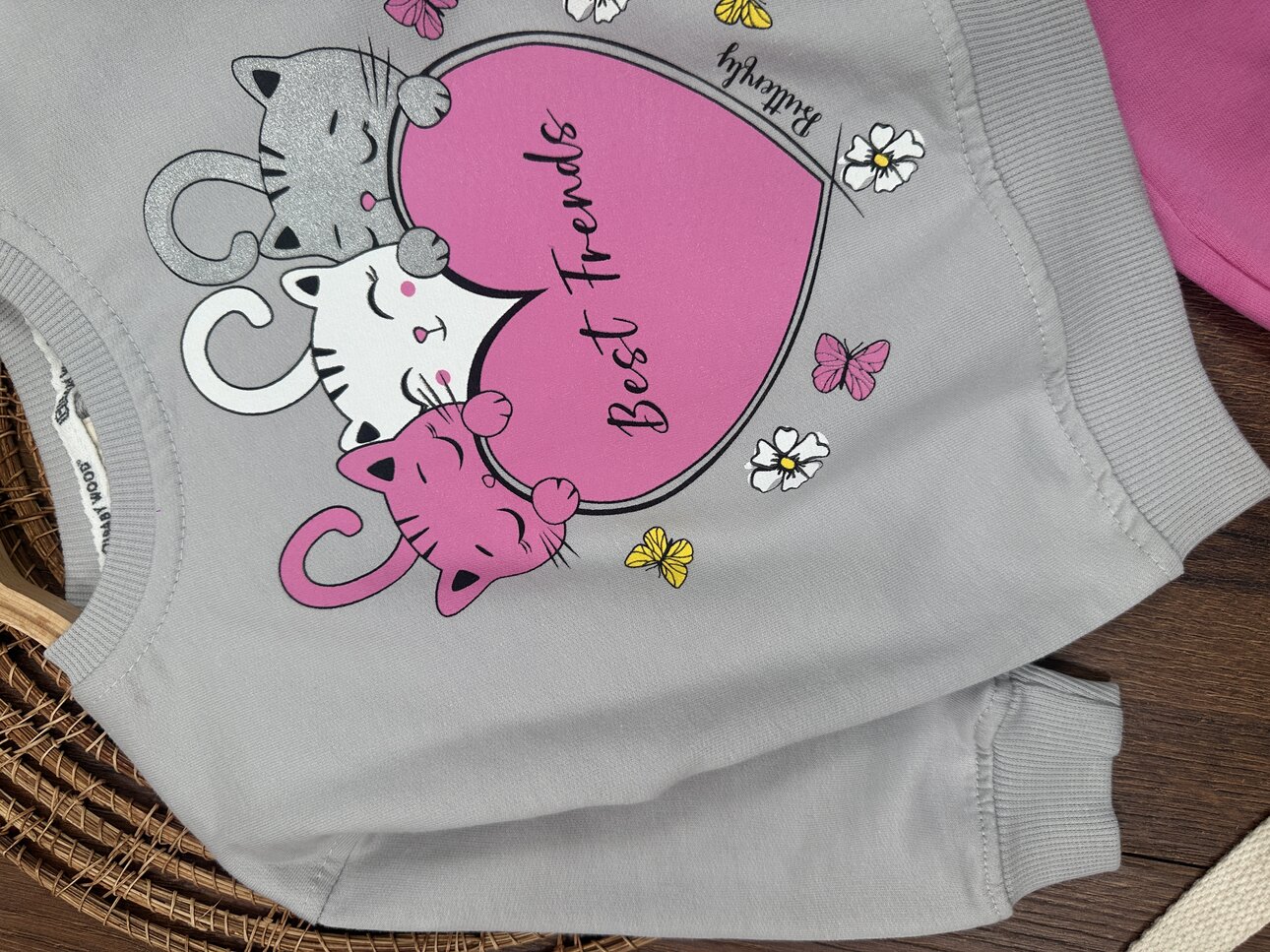 Pamuklu Mevsimlik Kedicik Detaylı  2li Kız Bebek Takım