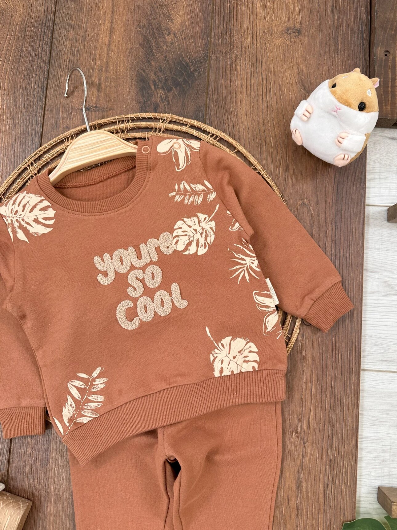 Pamuklu Kaliteli Yazı Desenli Bisiklet Yaka 2li Unisex Bebek Takım