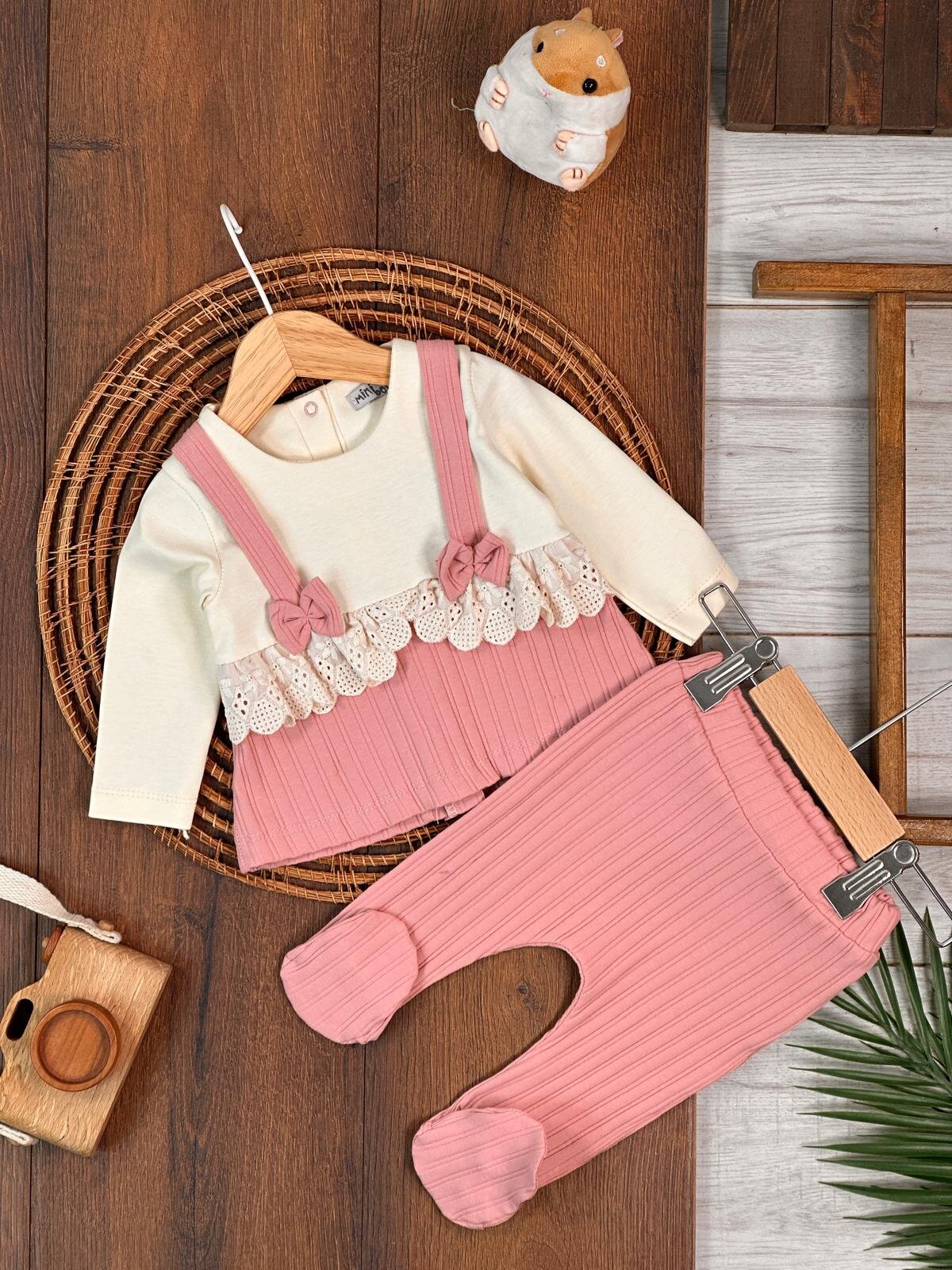 Pamuklu Güpür Detaylı Uzun Kollu 2li Kız Bebek Takım
