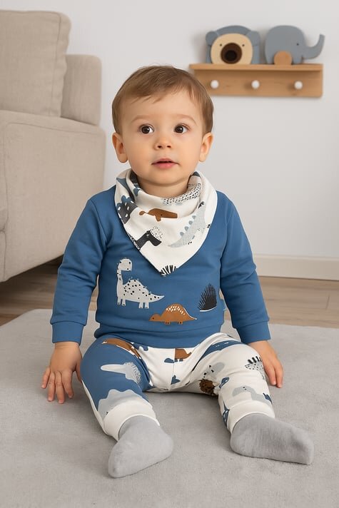 Pamuklu Dinozor Baskılı 3 lu Erkek Bebek Takım