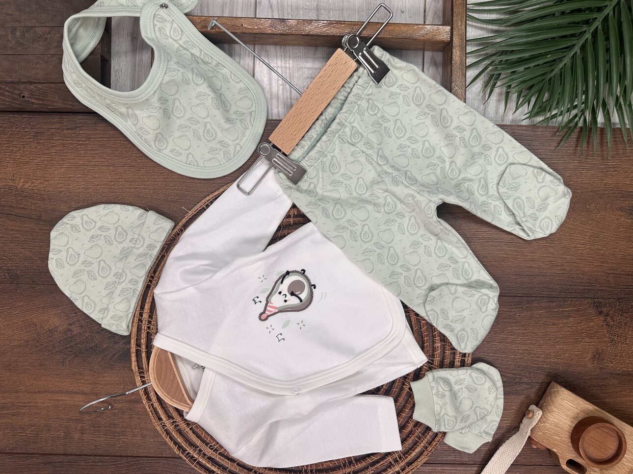 Pamuklu Avokado Desenli 5li Unisex Bebek Hastane Çıkış Seti