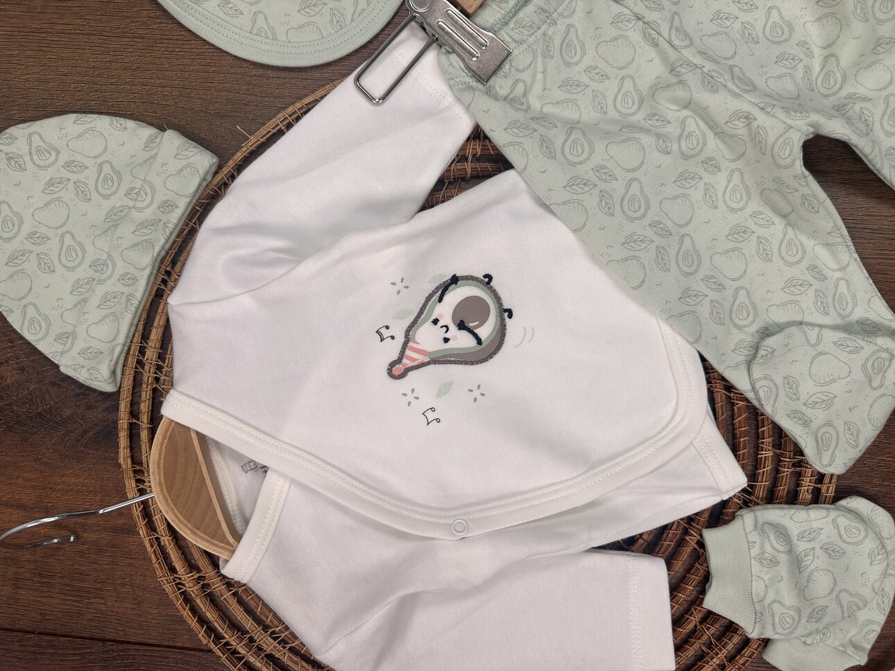Pamuklu Avokado Desenli 5li Unisex Bebek Hastane Çıkış Seti