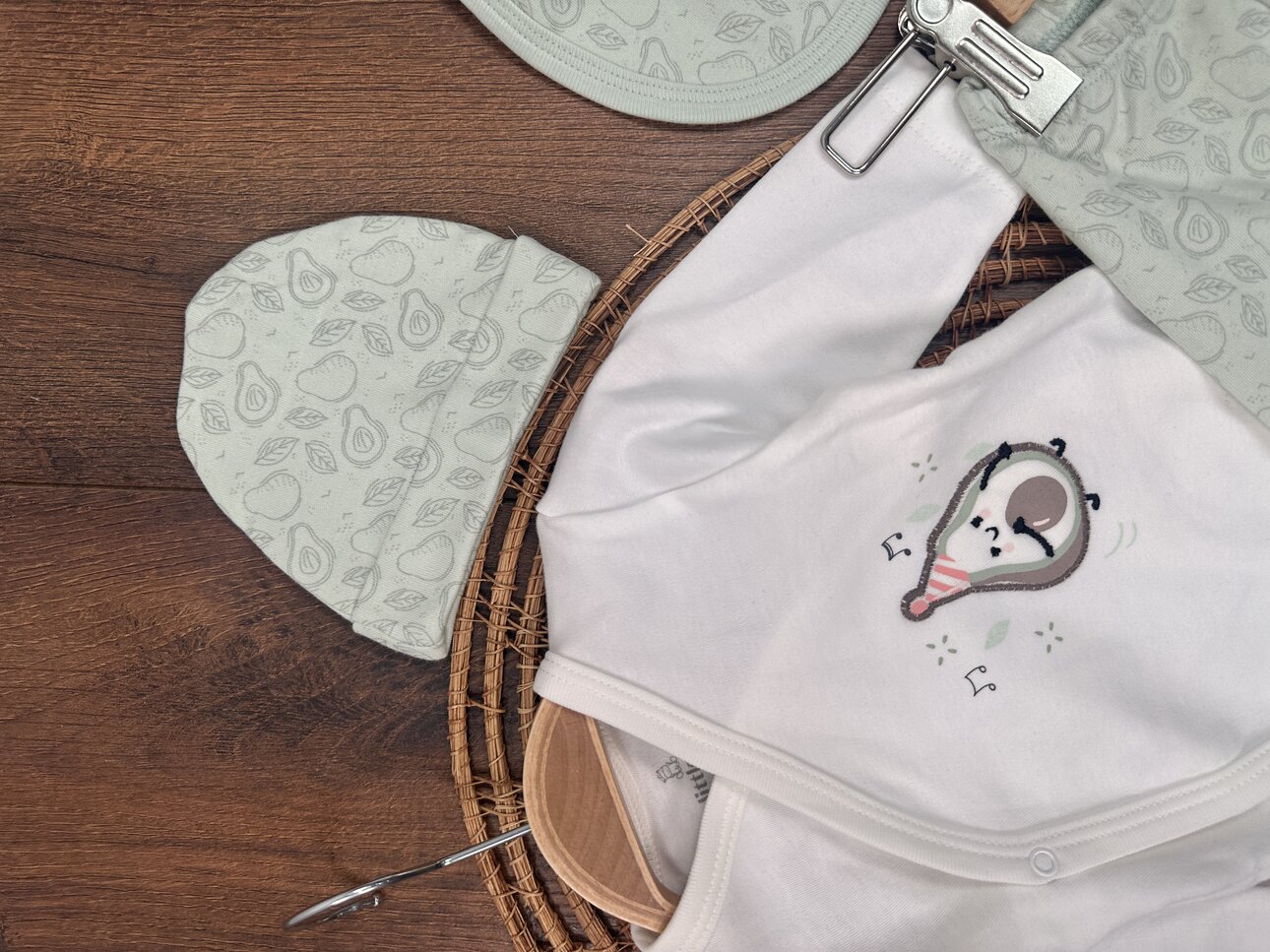 Pamuklu Avokado Desenli 5li Unisex Bebek Hastane Çıkış Seti