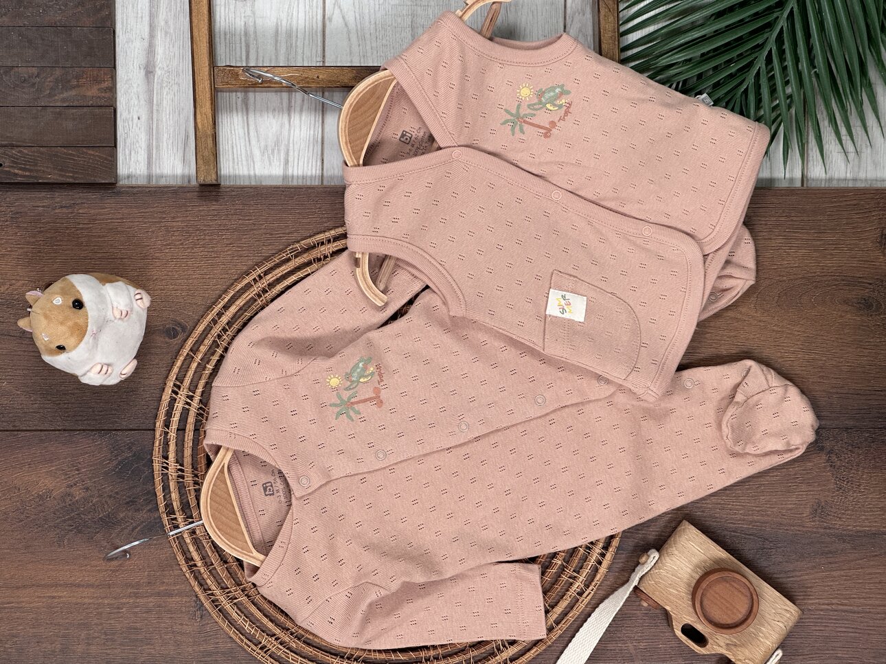Pamuklu Palmiye Desenli Organik 2li Unisex Bebek Takım