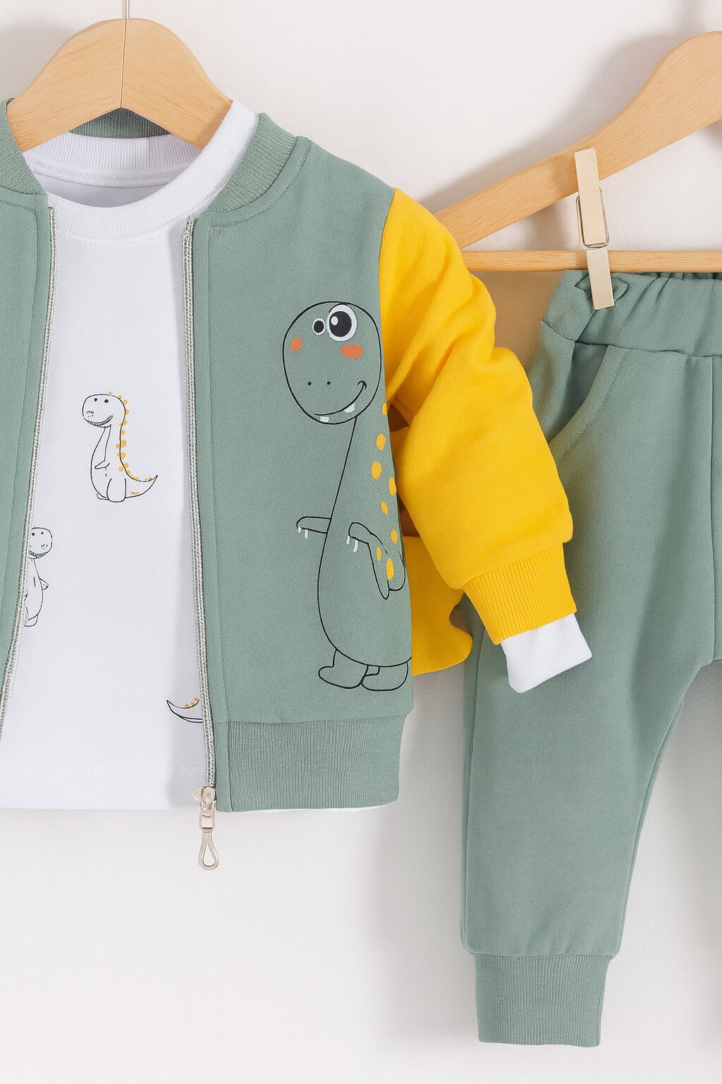 Pamuklu Dinazor Desenli Fermuarlı 3lü Erkek Bebek Takım