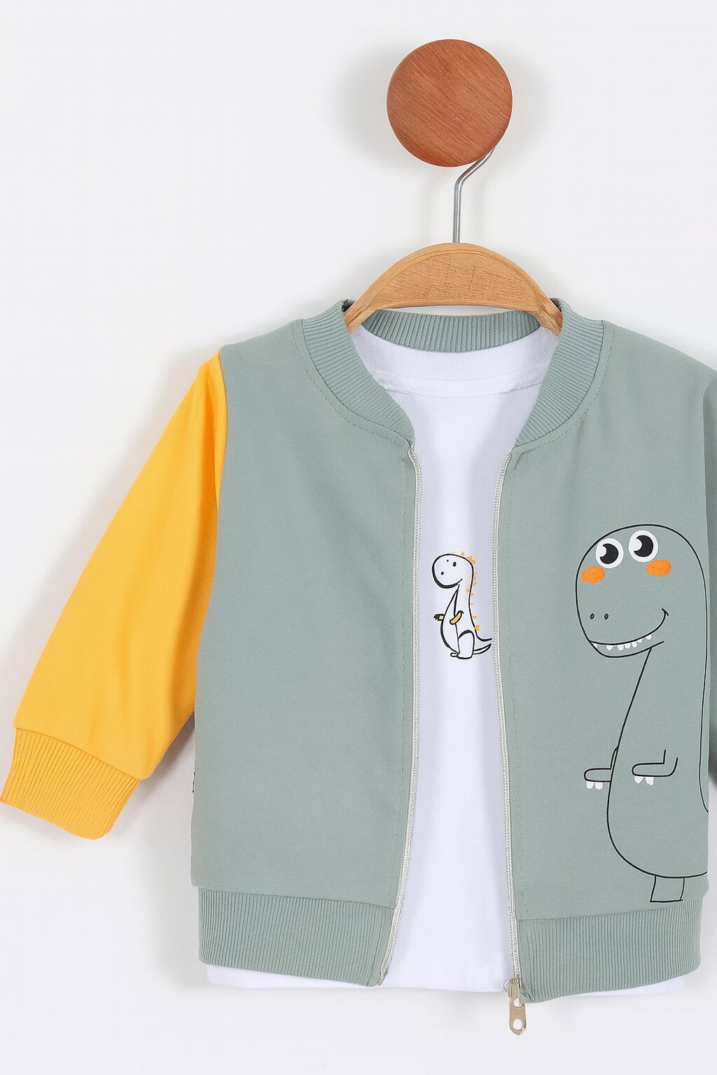 Pamuklu Dinazor Desenli Fermuarlı 3lü Erkek Bebek Takım
