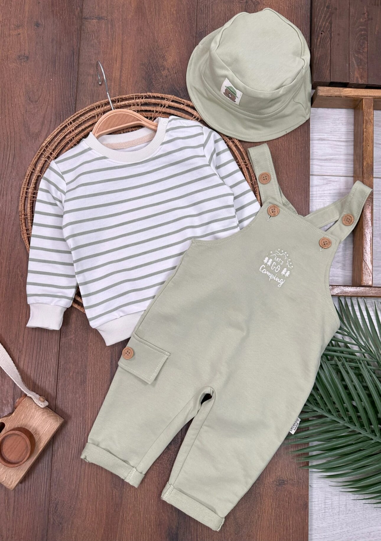 Safari Şapkalı Şeritli Sweatshirt Salopet Erkek Bebek Takım