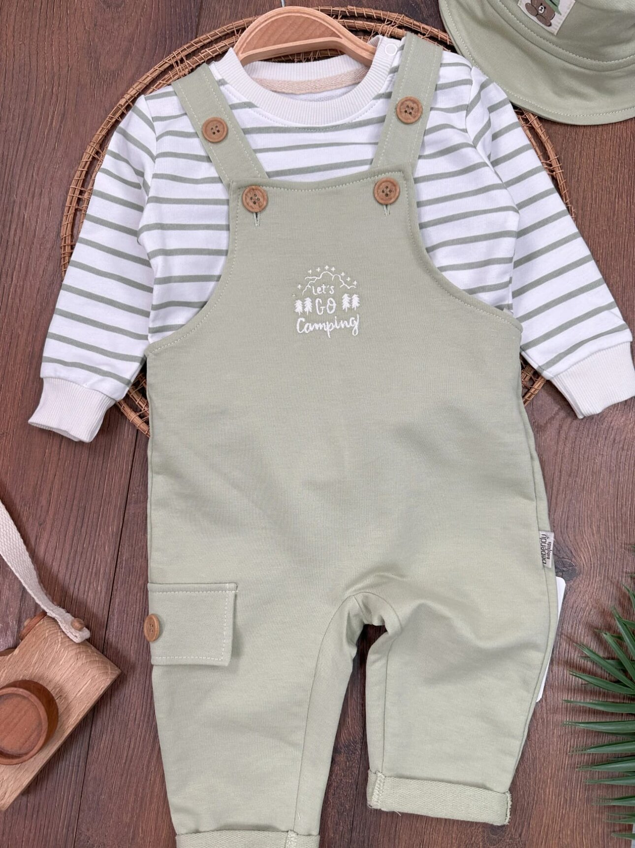 Safari Şapkalı Şeritli Sweatshirt Salopet Erkek Bebek Takım