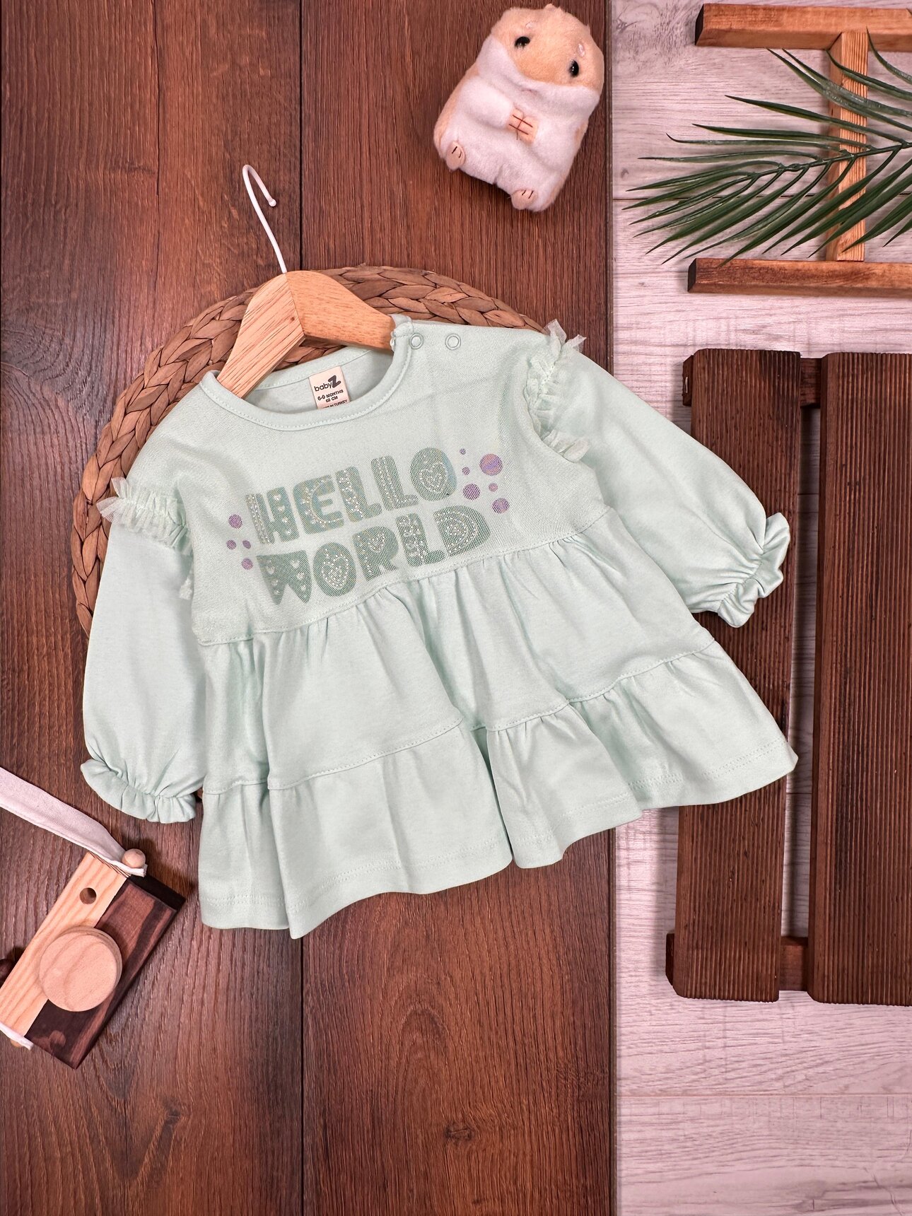 Pamuklu Hello World Yazılı Uzun Kollu Kız Bebek Elbise