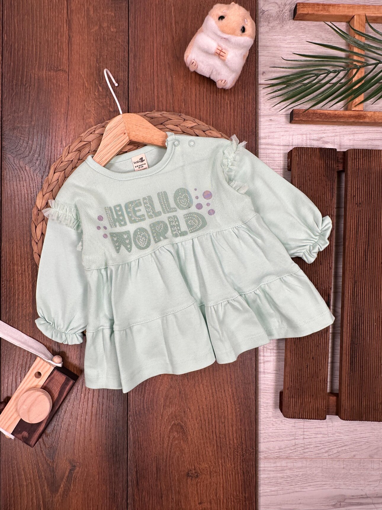 Pamuklu Hello World Yazılı Uzun Kollu Kız Bebek Elbise