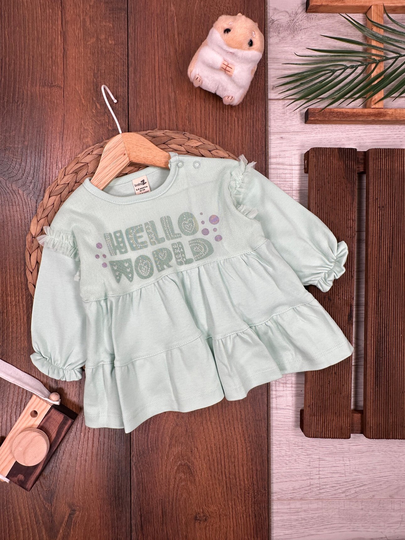 Pamuklu Hello World Yazılı Uzun Kollu Kız Bebek Elbise