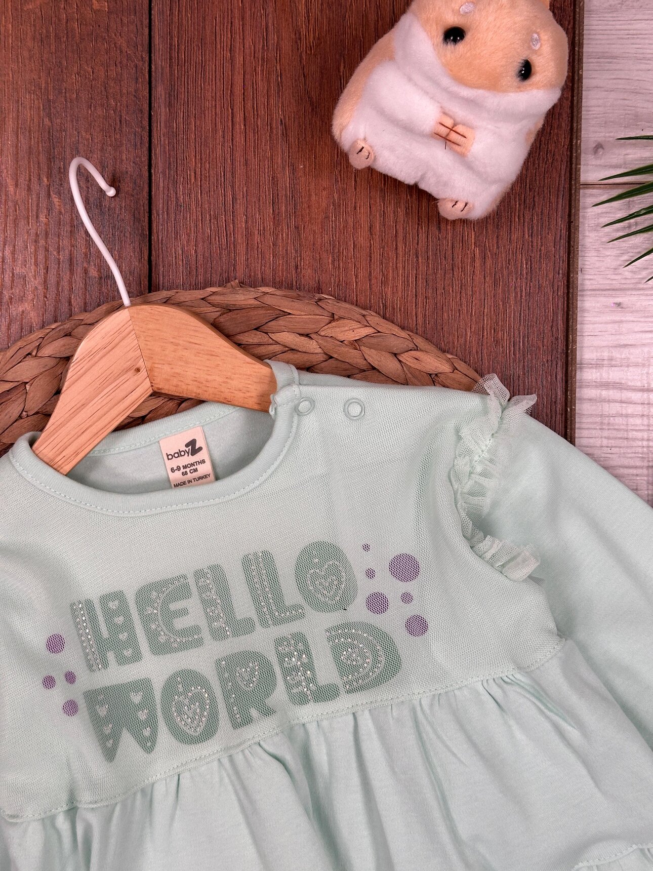 Pamuklu Hello World Yazılı Uzun Kollu Kız Bebek Elbise
