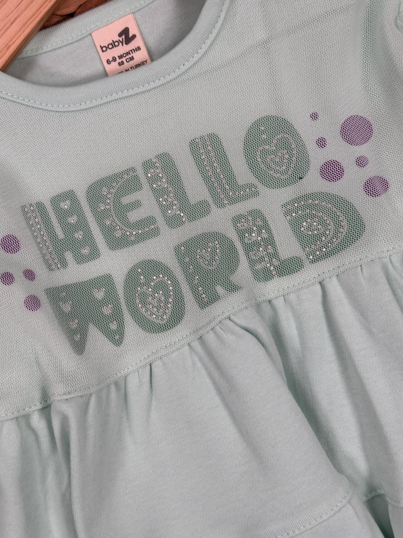 Pamuklu Hello World Yazılı Uzun Kollu Kız Bebek Elbise