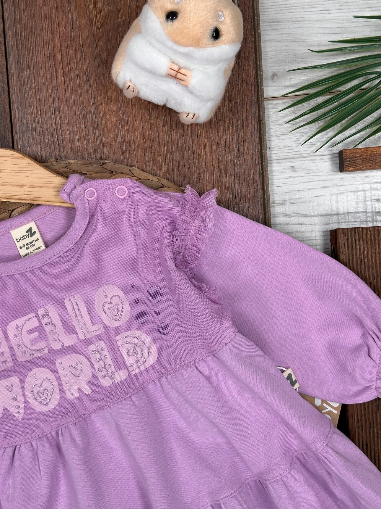 Yazlık Pamuklu Hello World Baskılı Uzun Kollu 2li Kız Bebek Takım