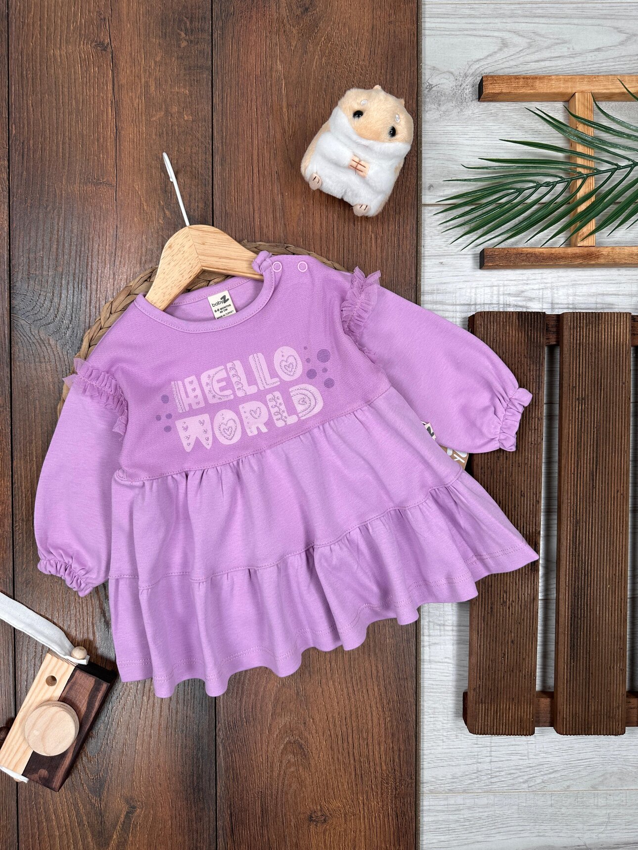 Yazlık Pamuklu Hello World Baskılı Uzun Kollu 2li Kız Bebek Takım