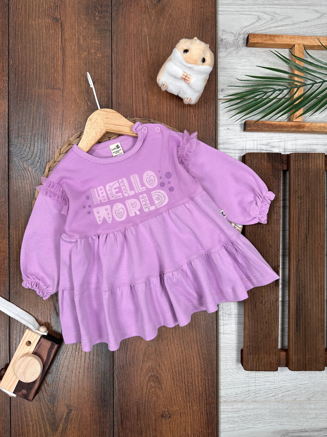 Yazlık Pamuklu Hello World Baskılı Uzun Kollu 2li Kız Bebek Takım