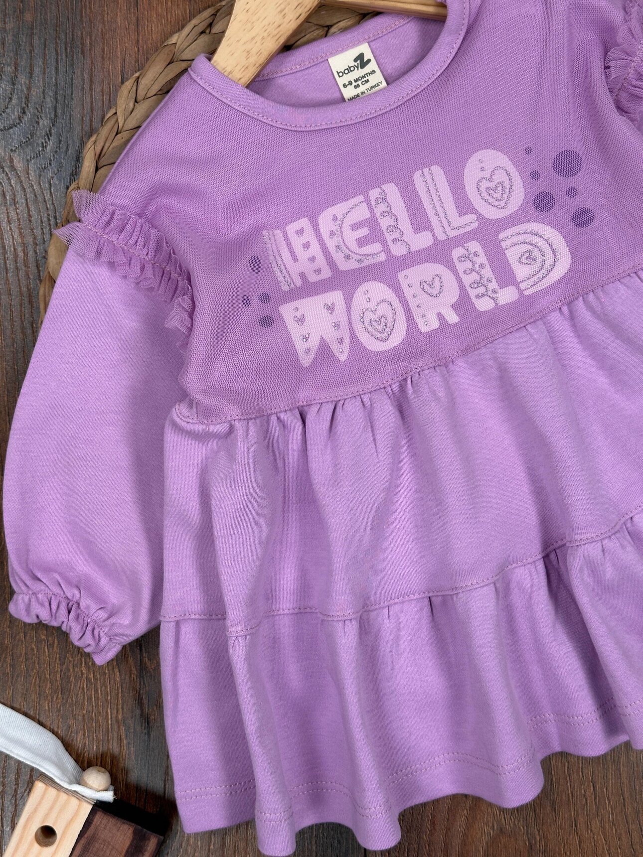 Yazlık Pamuklu Hello World Baskılı Uzun Kollu 2li Kız Bebek Takım