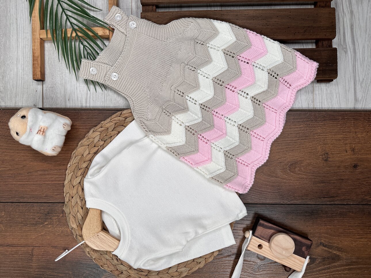 Organik Triko Zigzag Desenli Kız Bebek 2li Elbise Takım