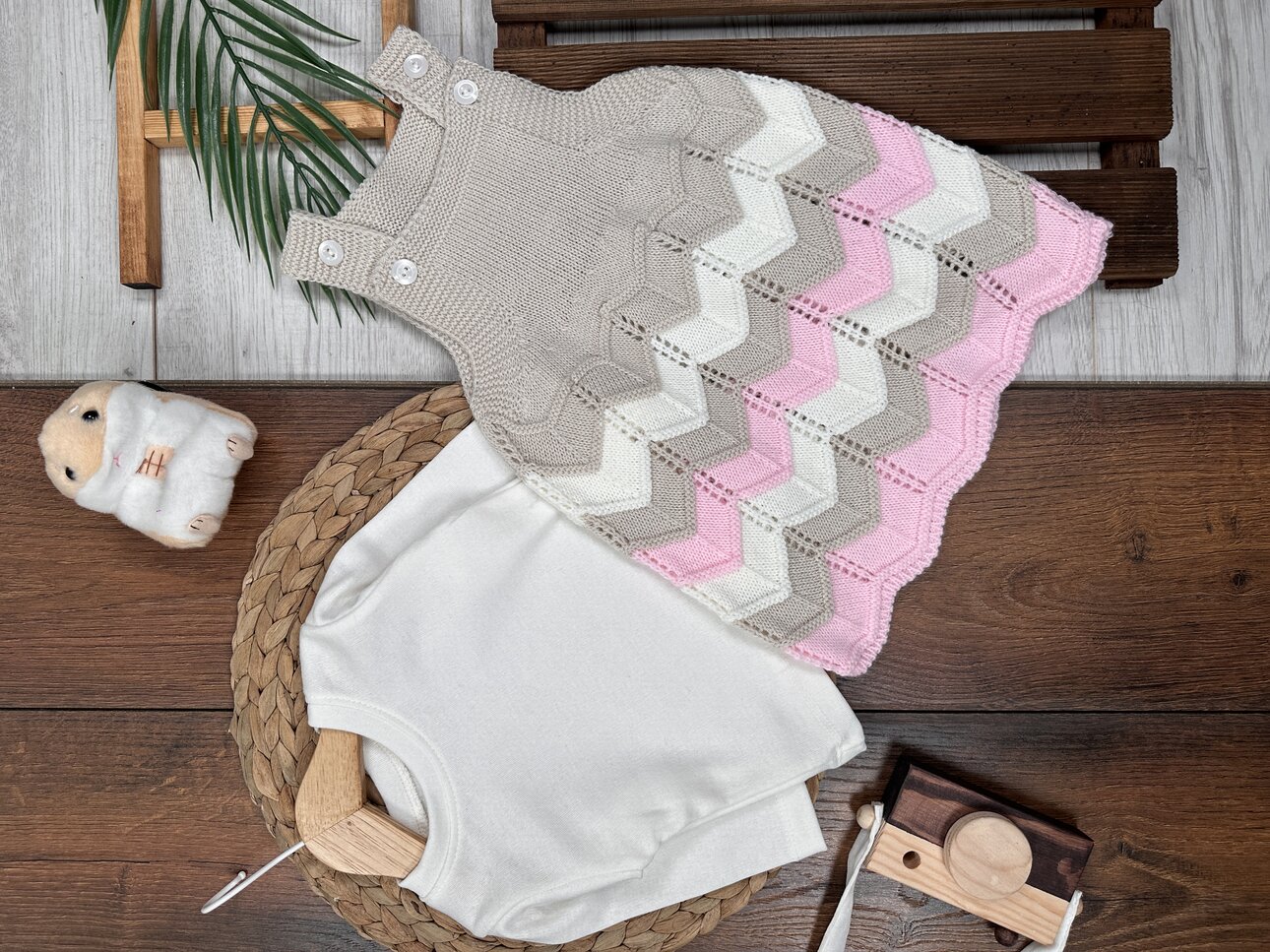 Organik Triko Zigzag Desenli Kız Bebek 2li Elbise Takım