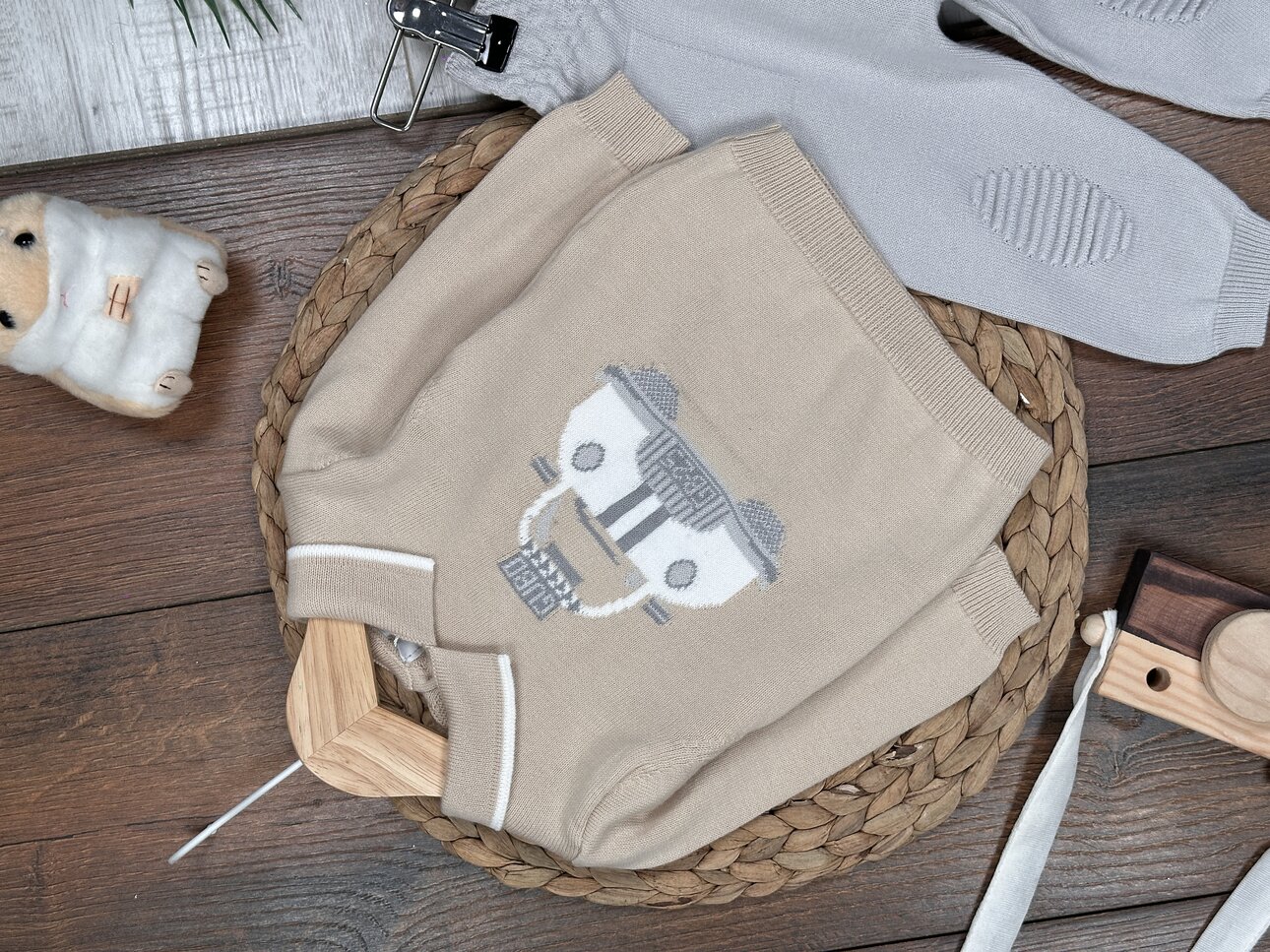 Özel Tasarım Triko Araba Desenli Yaka Detaylı 2li Erkek Bebek Takım