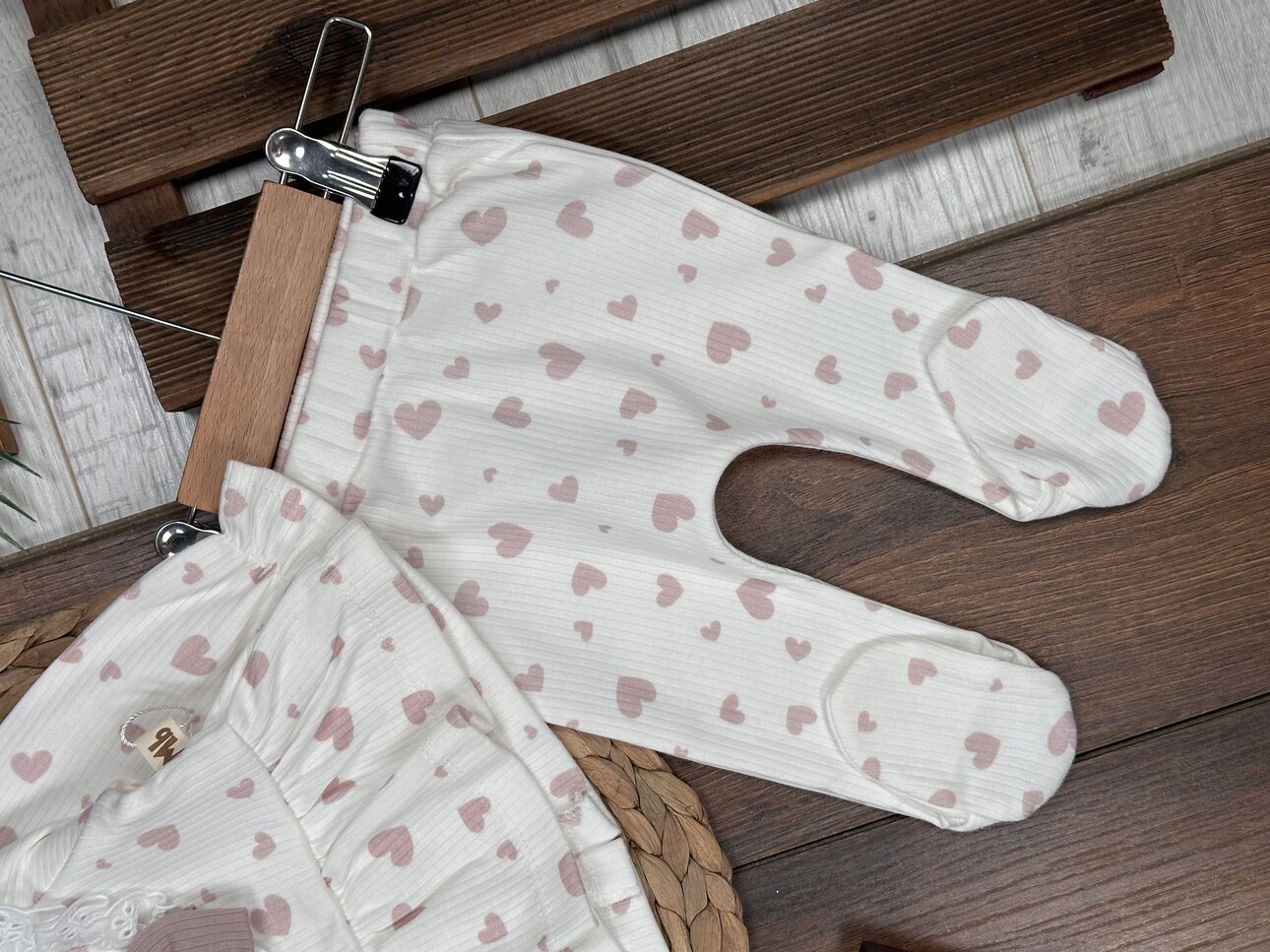 Pamuklu Kalp Desenli 3lü Kız Bebek Takım