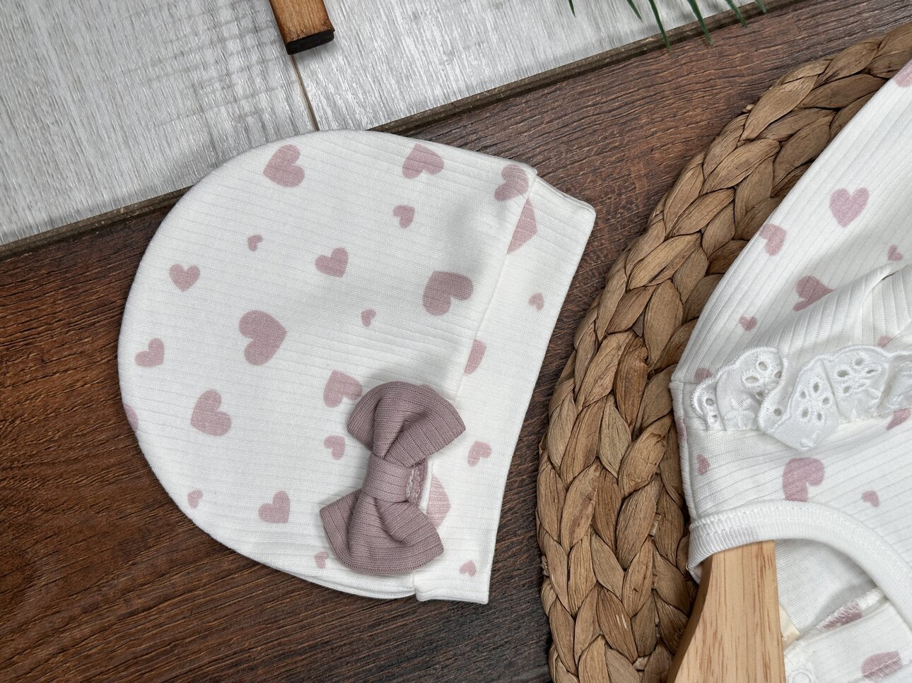 Pamuklu Kalp Desenli 3lü Kız Bebek Takım