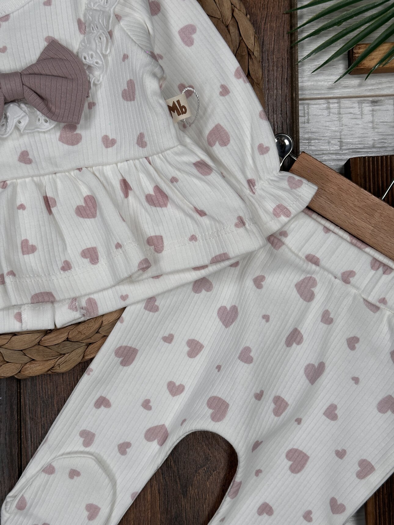 Pamuklu Kalp Desenli 3lü Kız Bebek Takım