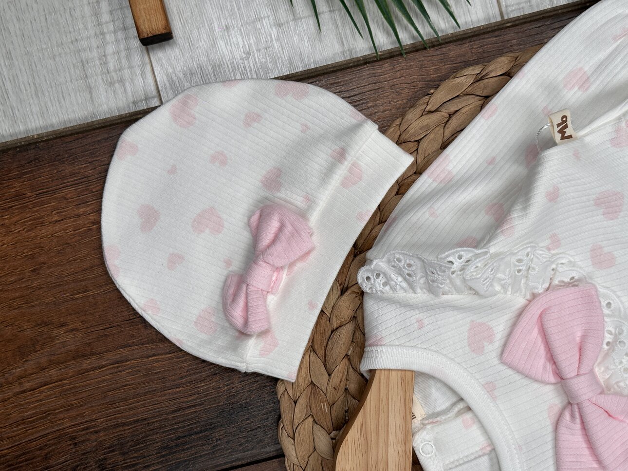 Pamuklu Kalp Desenli 3lü Kız Bebek Takım