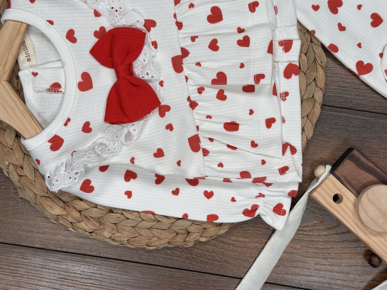 Pamuklu Kalp Desenli 3lü Kız Bebek Takım